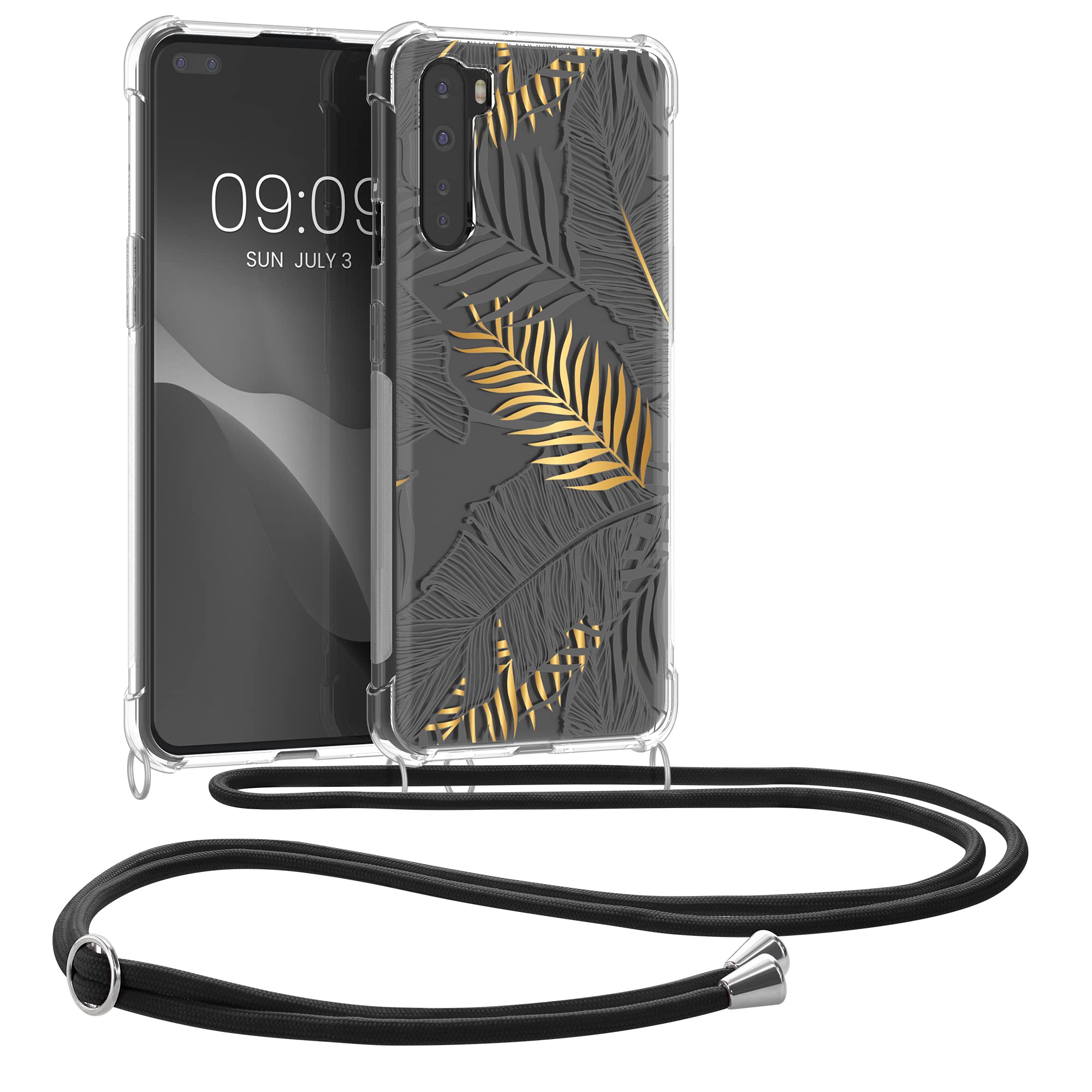 kwmobile Crossbody Case Compatible with OnePlus Nord Case Strap - Palm Leaves Gold/Grey/Transparent