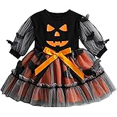 Kayotuas Toddler Baby Girl Halloween Outfit Pumpkin Bat Dress Long Sleeve Orange Tulle Tutu Skirt Cute Fall Halloween Clothes