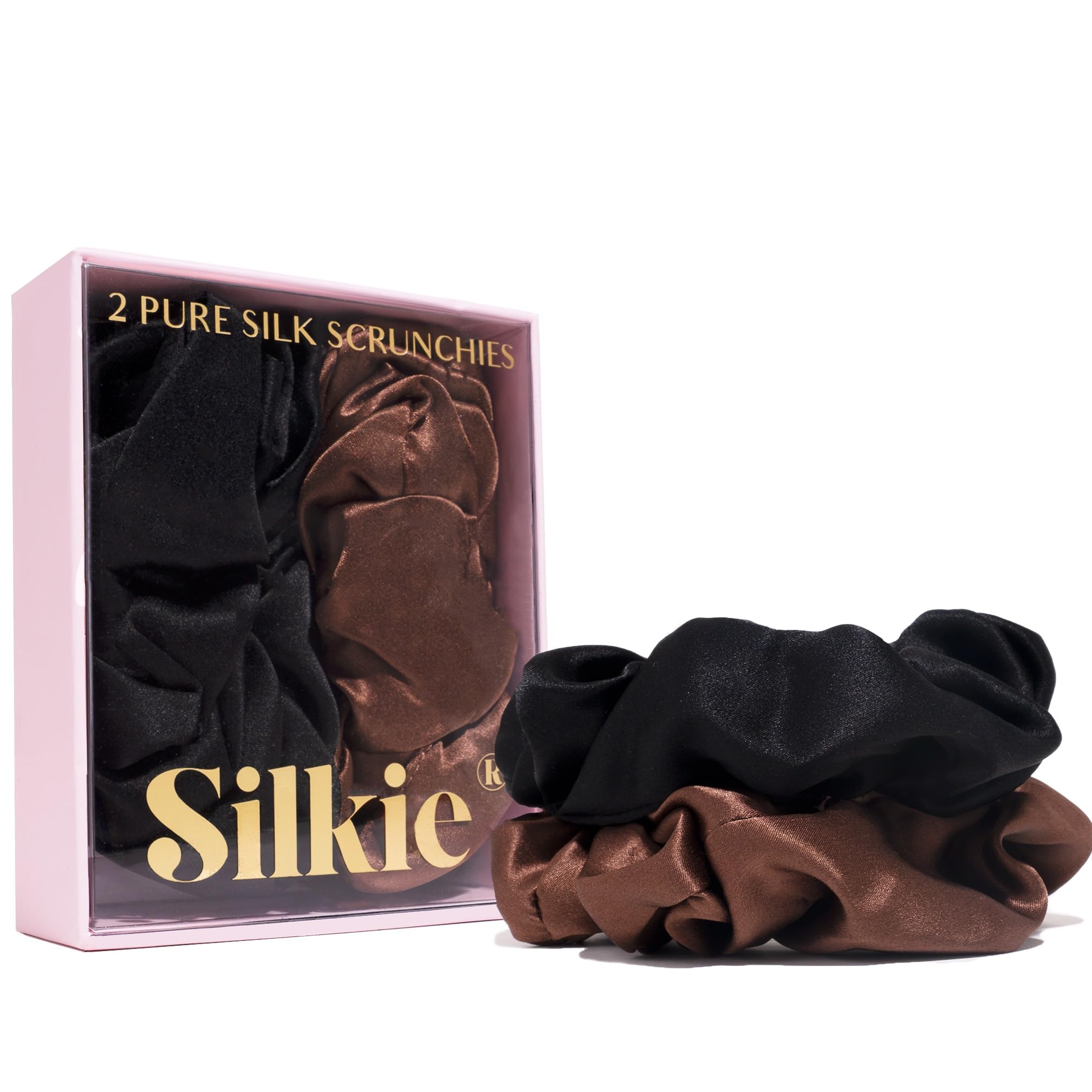 SILKIE x2 Set 100% Pure Mulberry Silk Cream Coffee Black Large Oversized Scrunchies Silk Travel Pouch Hair Ties Elastics Hair Care Premium Ponytail Holder No Damage — image 1