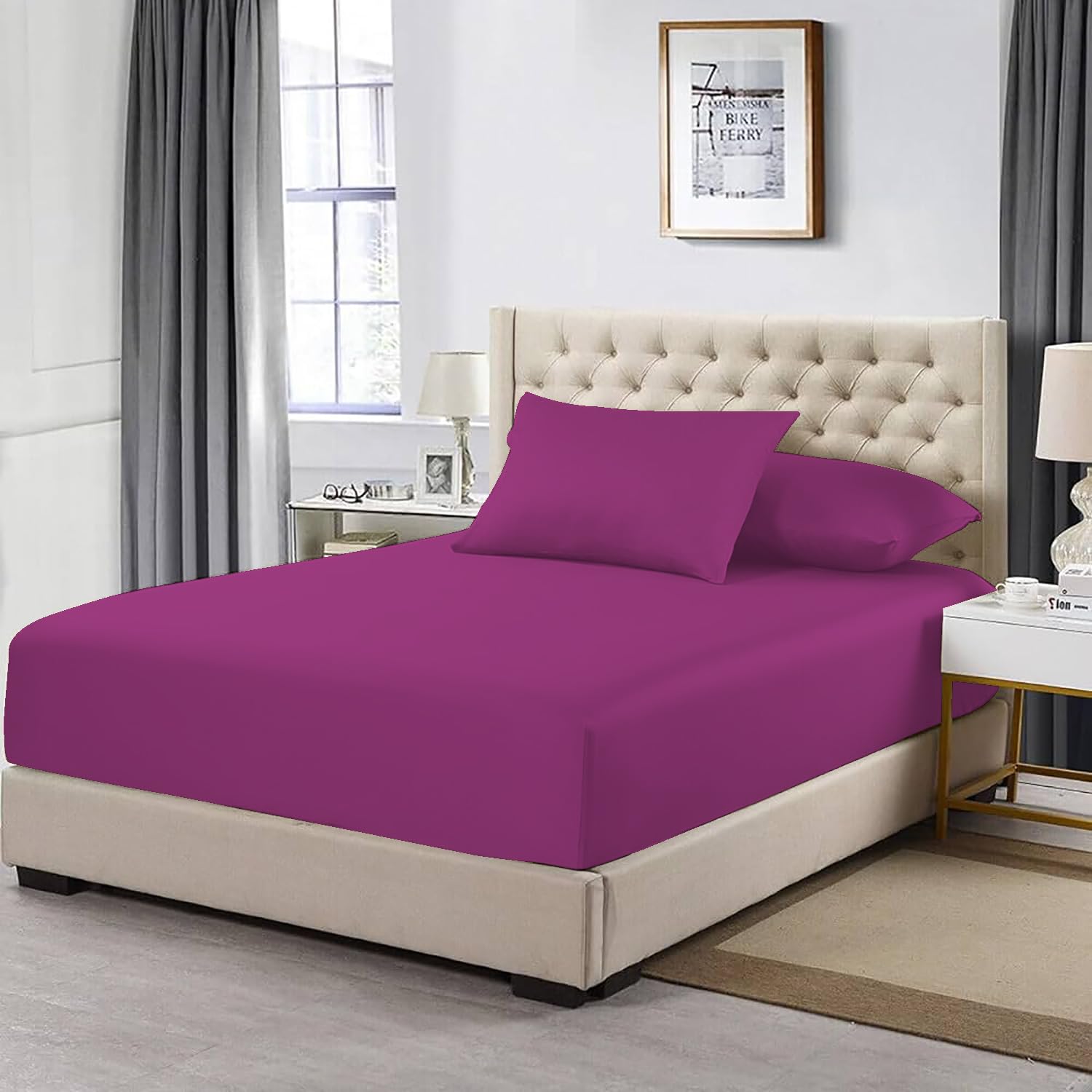 MistyMorning Extra Deep Fitted Sheet 16''/40cm, Egyptian Cotton bed sheets with 200 Thread Count, Soft & Premium quality Bedding & Linen (Purple, King)