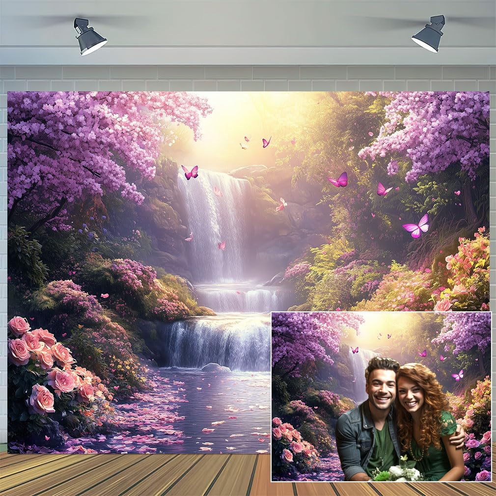 Photo 1 of 7X5ft Fairy Forest Tale Backdrop Pink Flower Natural Landscape Background Waterfall Butterfly Colorful Floral Plants Decorations Photography Backgrounds Fantasy Aesthetic Backdrop Photo Shoot Decor