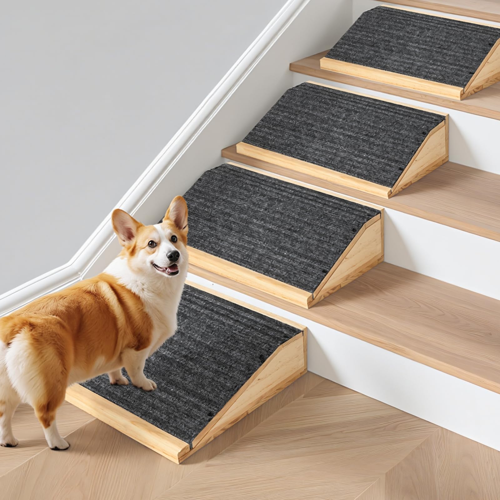 Photo 1 of 4-Pack Wooden Dog Ramp for Stairs, Anti-Slip Pet Steps for Small Dogs with Carpet Surface, Low-Angled Pet Ramps for Staircase, Steps and Stairs Assist for Injured & Aged Pets, Stairs Ramp for Dogs