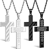 Romass 2Pcs Valentines Day Gifts Cross Necklace for Men Boys, Bible Verse Stainless Steel Silver Black American Flag Chains for Men Pendant Jewelry Box