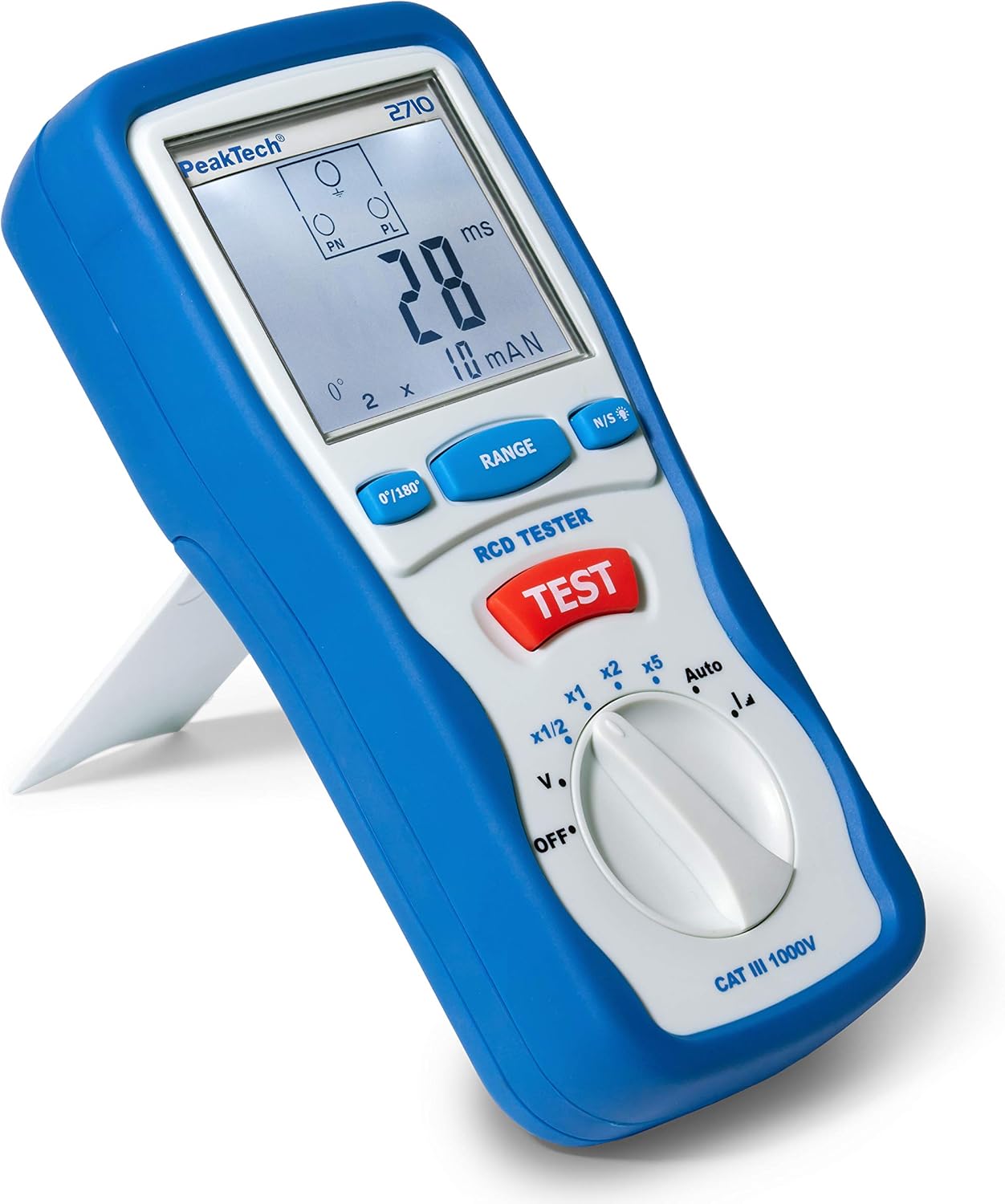PeakTech P 2710 - Digital RCD Tester, CAT III 600 V, 3-Digit LCD Measurement Display with Backlight, Blue, 92 x 200 x 50 mm - Image 3