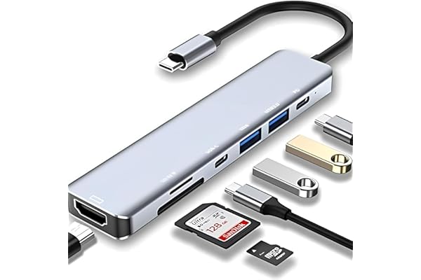 Adaptador Hub 7 em 1 USB-C Premium com Saída HDMI 4K a 60Hz, 7 Portas, USB 3.0, Leitor de Cartão SD, Fonte de Alimentação Tipo C, Carregamento Rápido Multiportas
