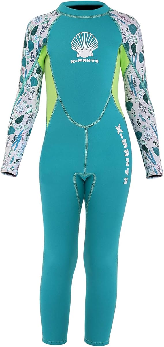 SXSHUN Girls Wetsuit, Leaves Pattern Design 2.5mm Neoprene Swimsuit, Back Zip Full Body Diving