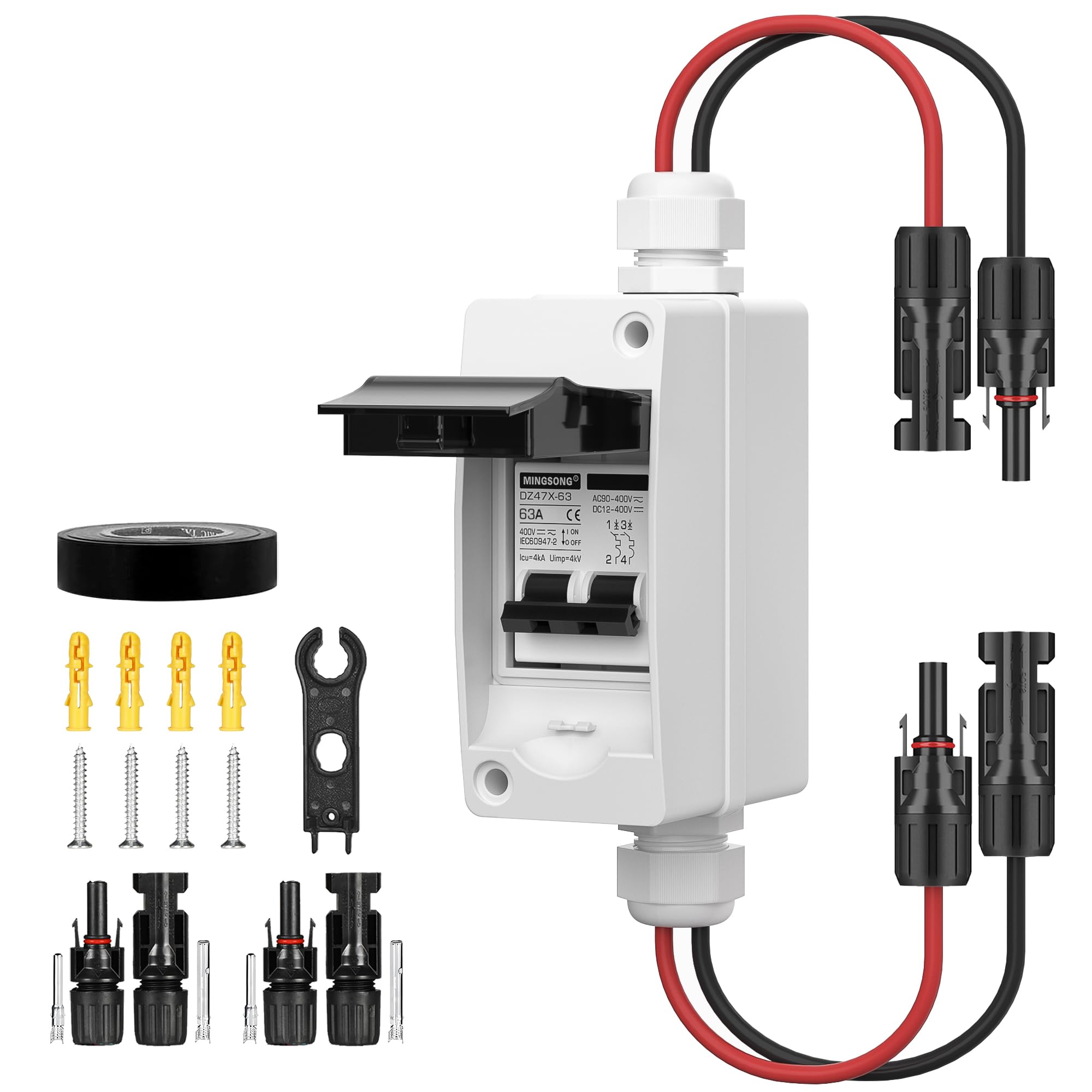 Photo 1 of MINGSONG Solar Panels Disconnect Switch 63Amp DC Solar Shut Off Switch 400V 2 Poles Outdoor AC Small Miniature Circuit Breaker Box, IP65 Waterproof UV-Proof for PV Homes