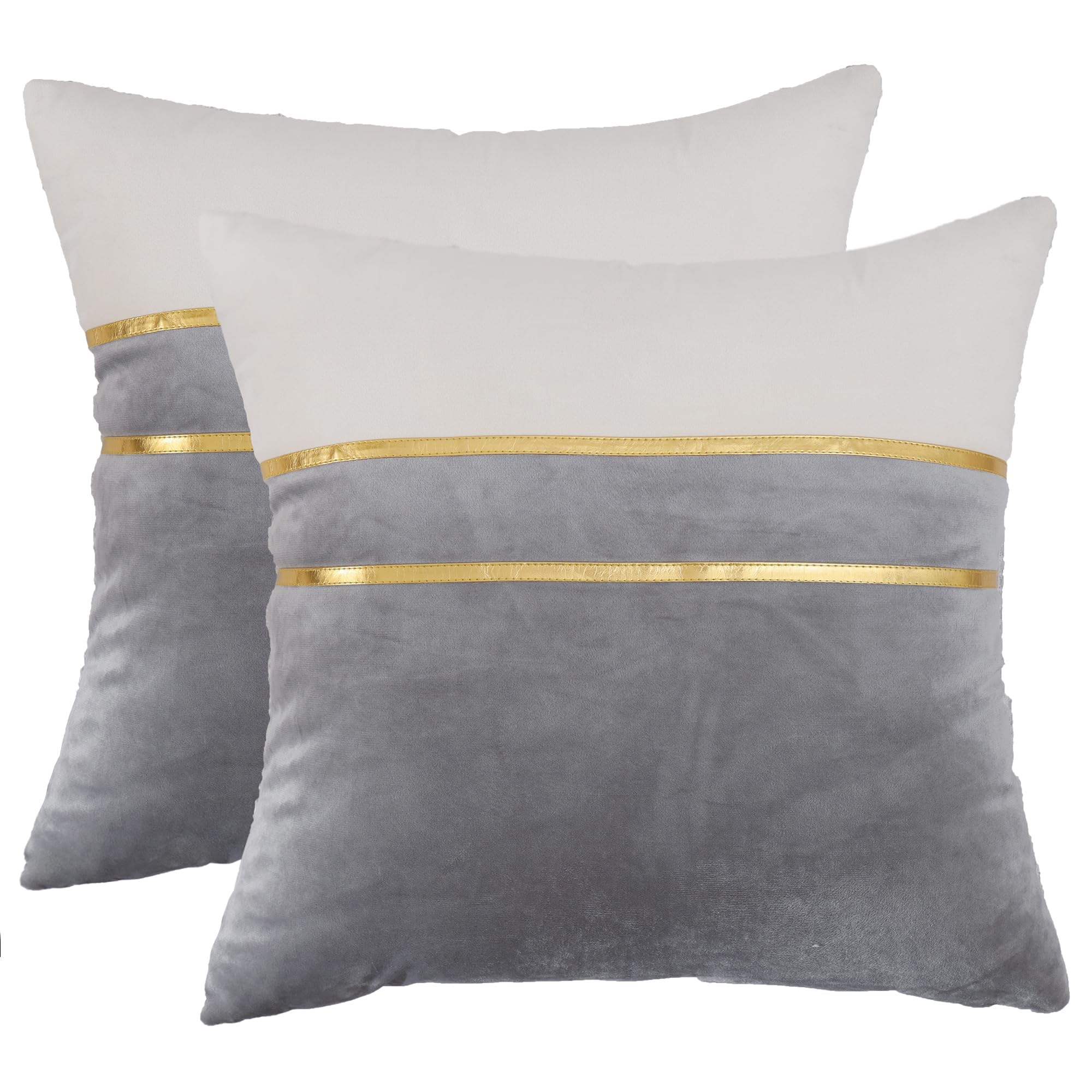 Tosleo Gray Velvet Cushion Covers Set of 2 Throw Pillow Covers 18x18 Inch with Gold Leather Soft Decorative Velvet Splicing Pillow Cover Farmhouse Couch Pillow Case Square Cushion Case