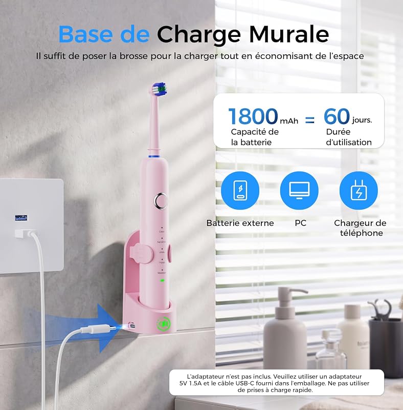 Brosse À Dent Électrique Rotatives pour Dents Sensibles, Rose