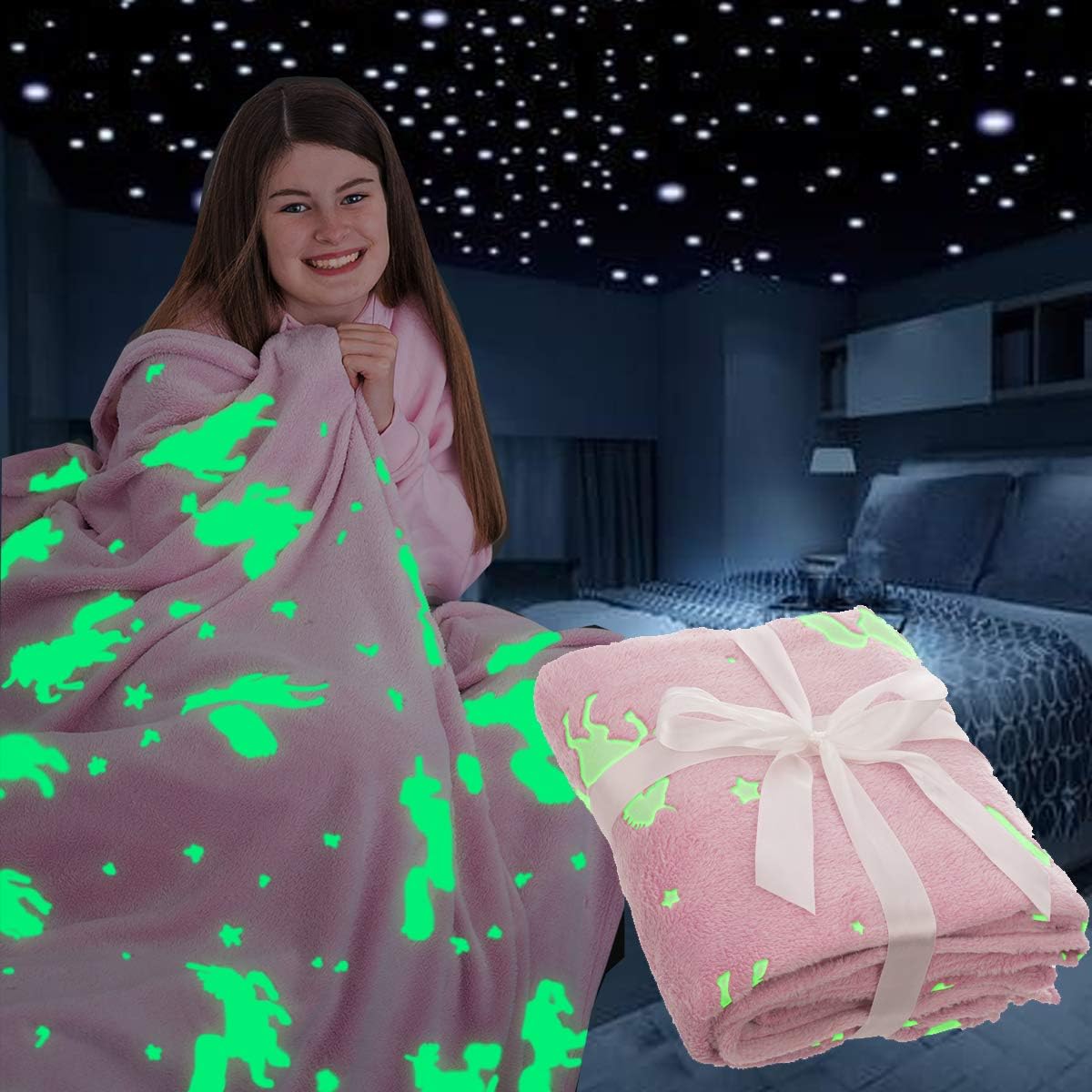 FiNeWaY Glow in The Dark Throw Blanket Flannel Moon Star Unicorn Gifts