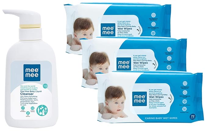 Mee Mee Anti-Bacterial Baby Liquid Cleanser (300ml) & Caring Baby Wet Wipes with Aloe Vera (72 pcs/Pack) (Pack of 3) Combo