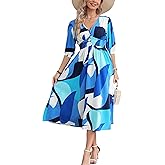 Kormei Women Casual Boho V Neck 3/4 Sleeve Smocked Waist A Line Flowy Swing Midi Dress Smocked Long Dress