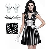 Poboola Christmas Night Jack Cosplay Costume Women Gothic Black Dress Stripe V-neck Bowtie Halloween Fancy Dress Outfit