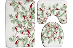 ZKJSMGS Christmas Red Bird 3 Piece Bath Mat Sets,Xmas Pine Tree Forest Winter Holiday Snow Branches Twigs Rustic Wild Festival Green 16"x24"Bath Rug,Toilet Seat Cover, U-Shaped Toilet