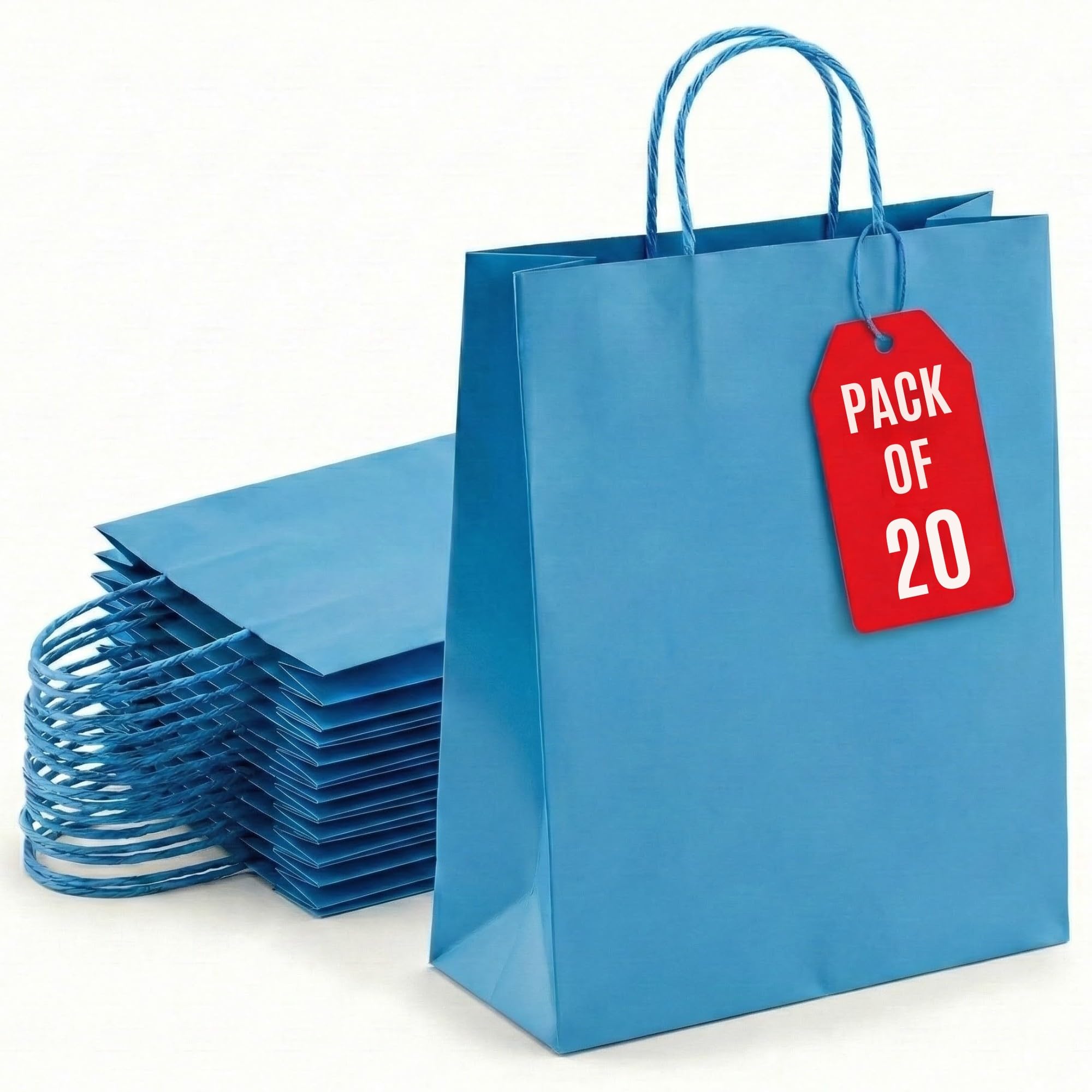 Kids Party Bags - 20Pcs Wrinkle Free Paper Party Bags with Twisted Handles - Blue Party Bags, 100gsm Strong Recyclable Gift & Kraft Bags for Birthdays & Baby Showers 24×18×8cm