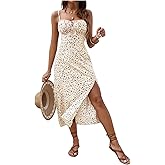 Floerns Women's Floral Print Tie Shoulder Cami Dress Ruched Bust Slit Boho Midi Dress