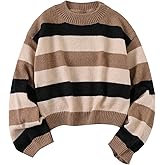 GORGLITTER Girl's Striped Sweaters Knit Long Sleeve Crewneck Color Block Sweater Jumper