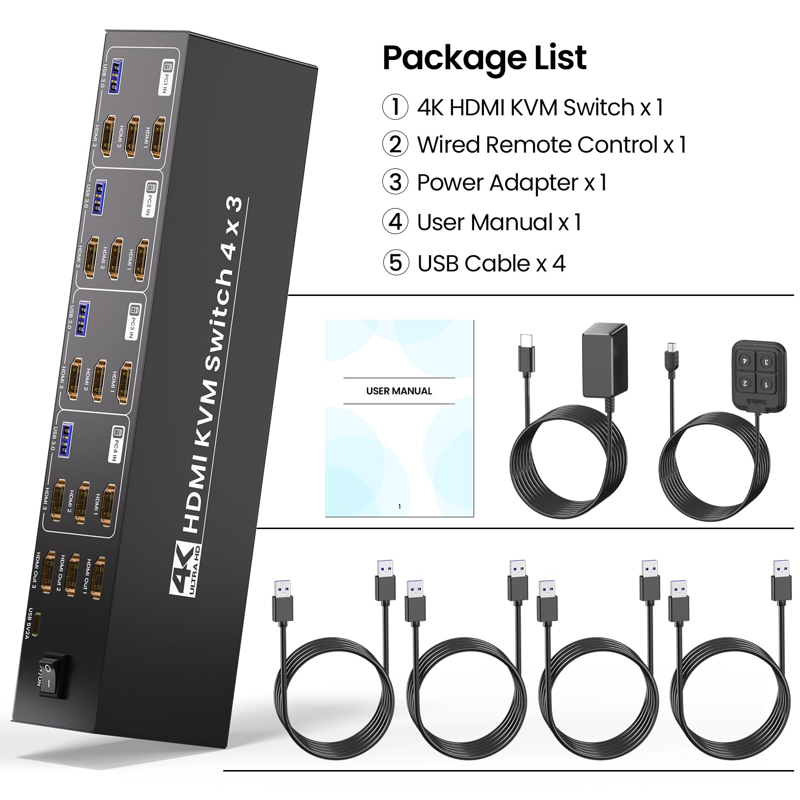 USB 3.0 Three Monitor HDMI KVM Switch, 4K60Hz 4 Port HDMI KVM Switch 3 Monitors 4 Computers, 4 PC Share 1 Set of Keyboard, Mouse, 3 Monitors and 4 USB 3.0 Ports