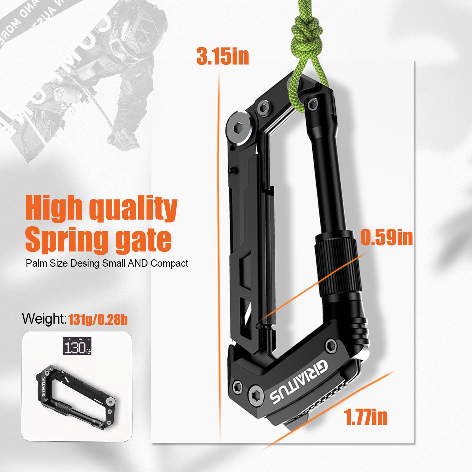 8en1 Karabiner Multitool mit Taschenmesser Säge Seilschneider Schraubendreher Dosen Flaschenöffner Lineal Klappmesser Geschenke für Männer Camping Zubehör Wandern (Schwarz) 3