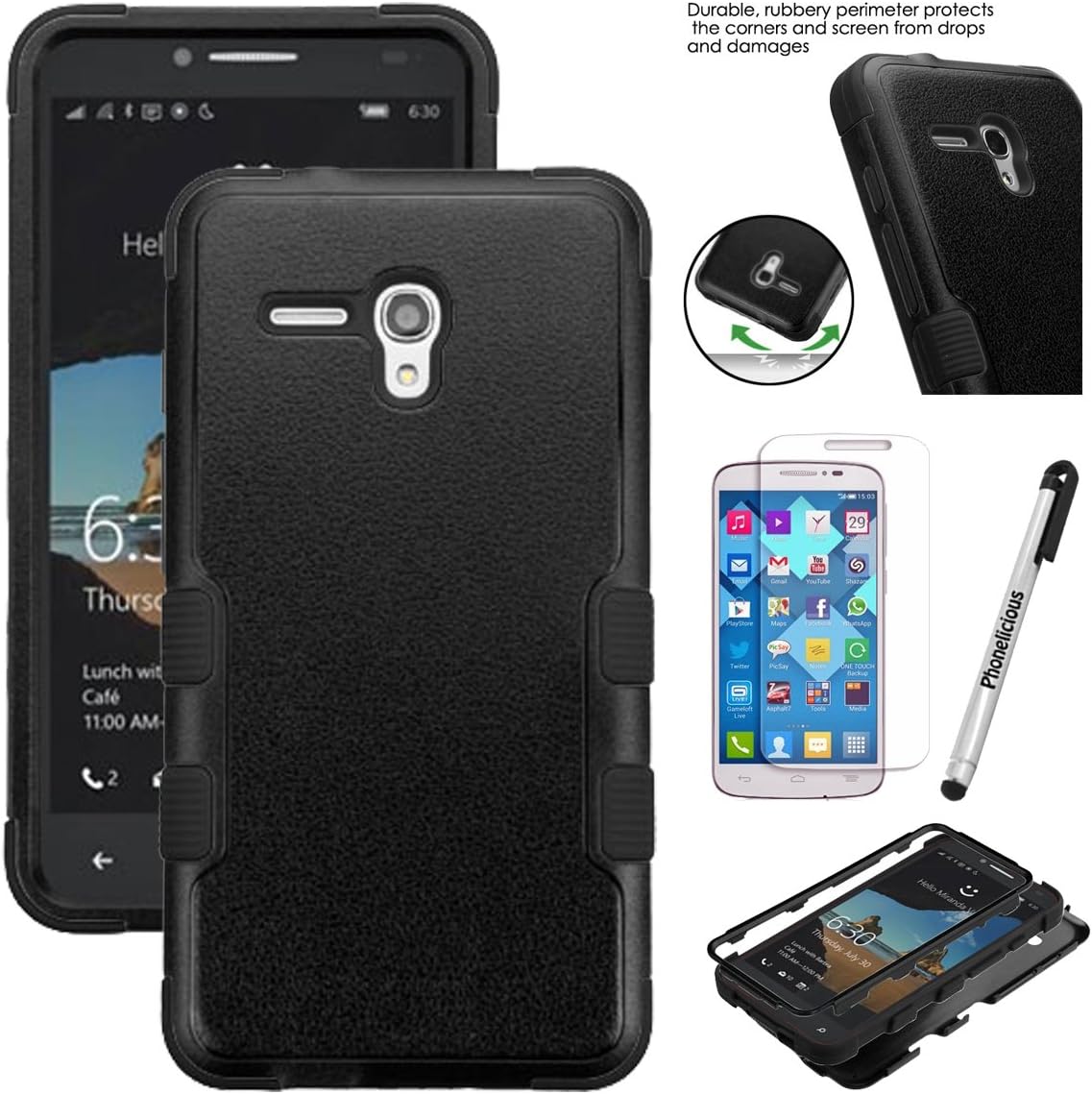 ONE Touch Fierce XL CASE, Phonelicious® ALCATEL ONE Touch Fierce XL Heavy Duty Rugged Impact Armor Hybrid Dynamic Verge Case Phone Tuff Robust Cover + Screen Protector & Stylus (Black Black TUFF)