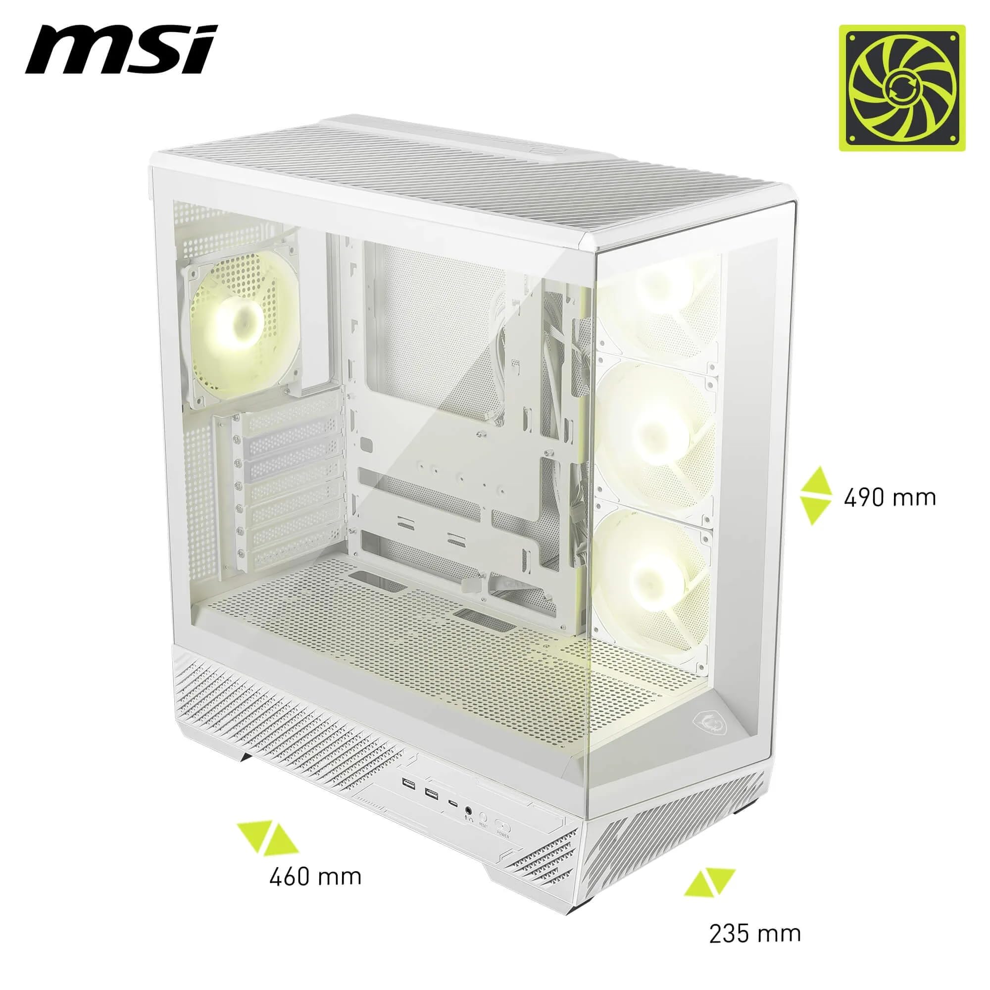 Msi Mag Pano 130R Pz White Gaming Case Interior Showing Argb Fan Configuration And Cable Routing Space