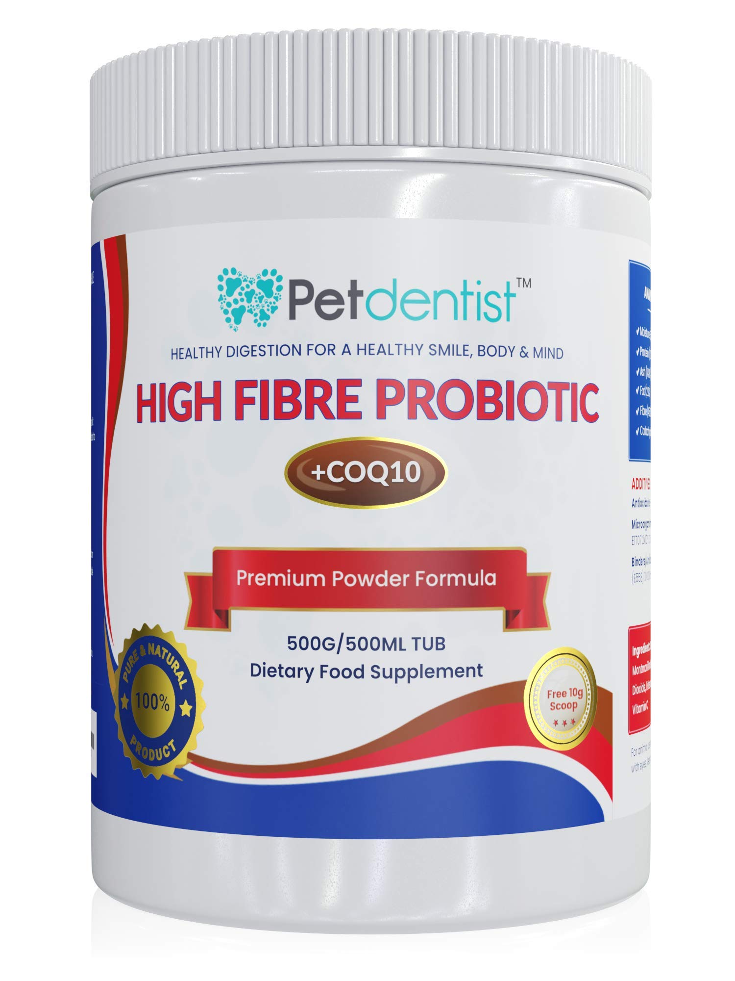 Petdentist High Fibre Probiotics for Dogs and Cats - Premium Fiber Powder Supplement for Dogs, Anal Glands, Gut Health, CoQ10, Vitamin C for Digestion, Oral Care, Heart Support - 500 Grams