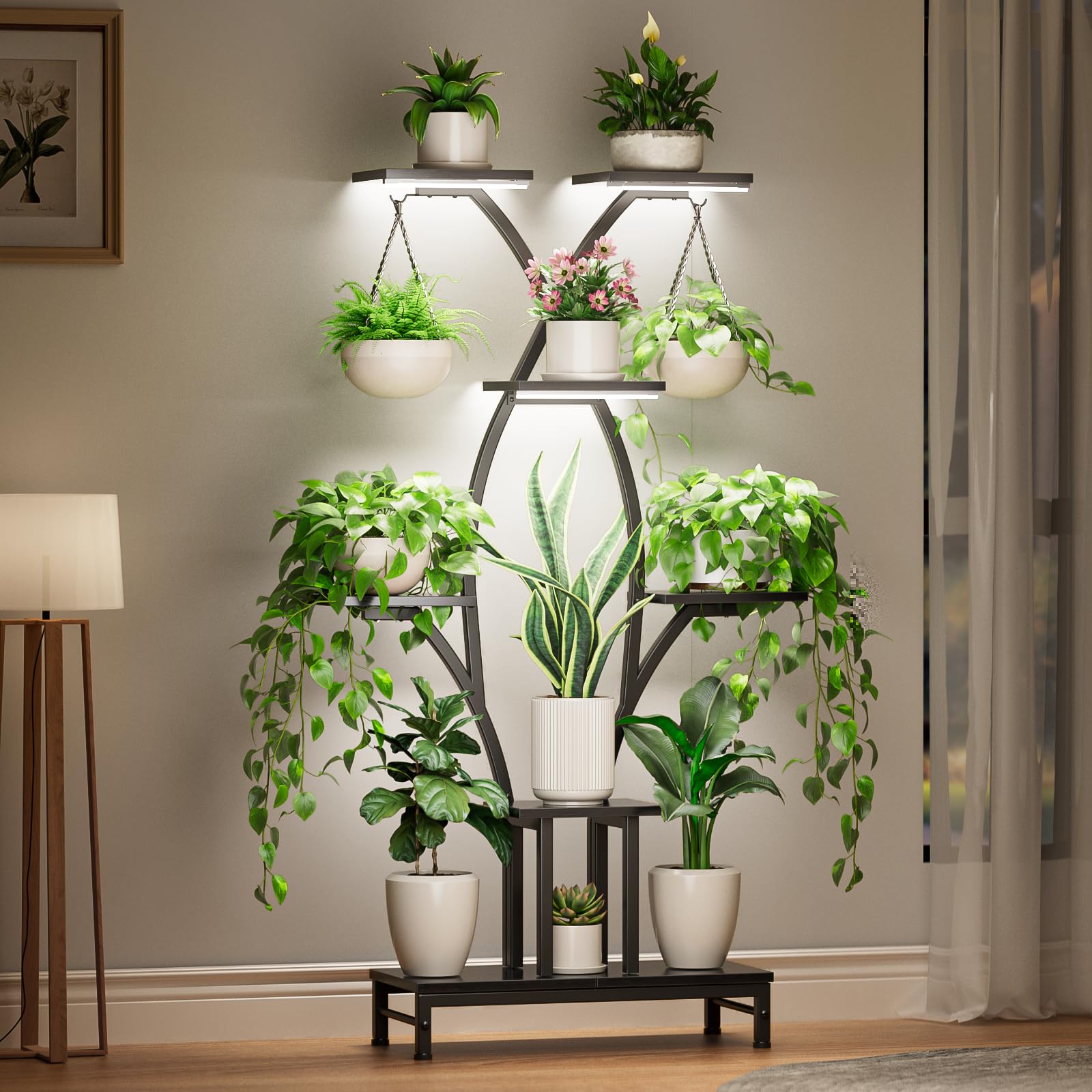 Photo 1 of VOZZYOTO Plant Stand Indoor with Grow Lights - 7 Tiered Metal Corner Shelf for Multiple Plants, 63" Corner Plant Stand for Indoor Plants, X-Shaped Plant Rack for Home, Living Room, Office & Patio Decor