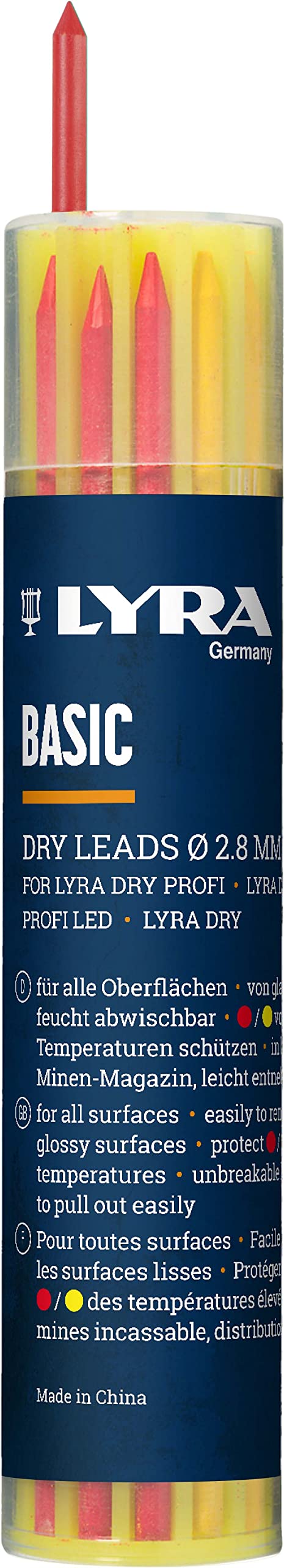 Lyra Pencil Leads (Pack of 12) (6X Grey, Yellow, 3X Red) Suitable for All Surfaces Colour Wipe Clean - 4499401