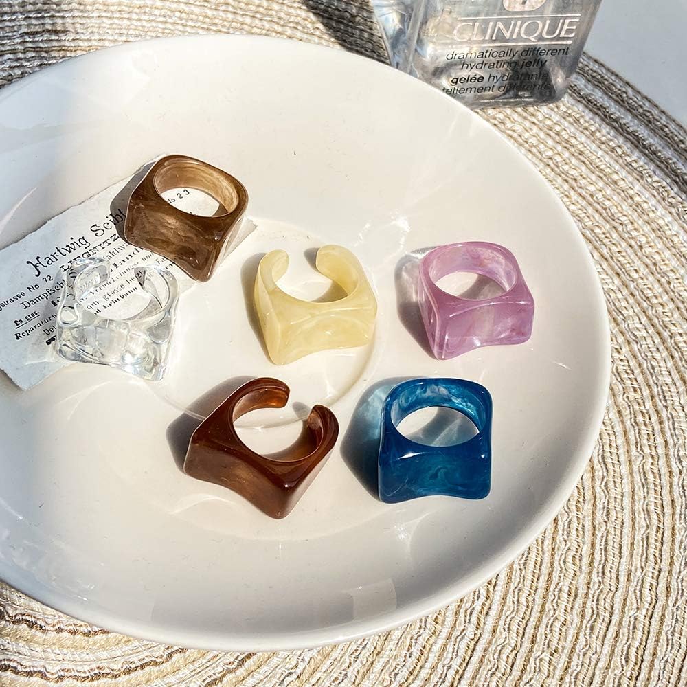 Chunky Rings Colorful, Resin Acrylic Ring for Women Teen Girls, Y2K Plastic Rings, Vintage Stacking Rings, Cute Square Transparent Dark Brown Purple Blue Brown Beige Black White Rings, Trendy Jewelry: Clothing