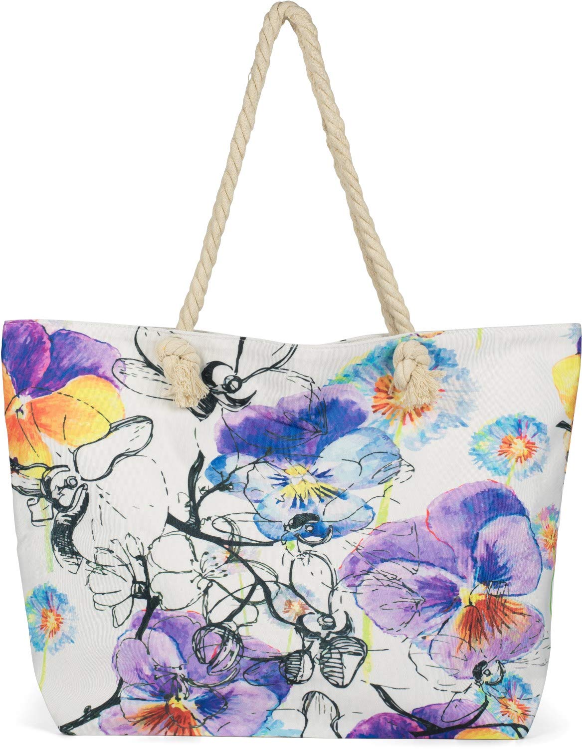 styleBREAKER Ladies XXL beach bag with colorful violet flowers flowers print, zipper, shoulder bag, shopper 02012346, color:White-Violet-Blue