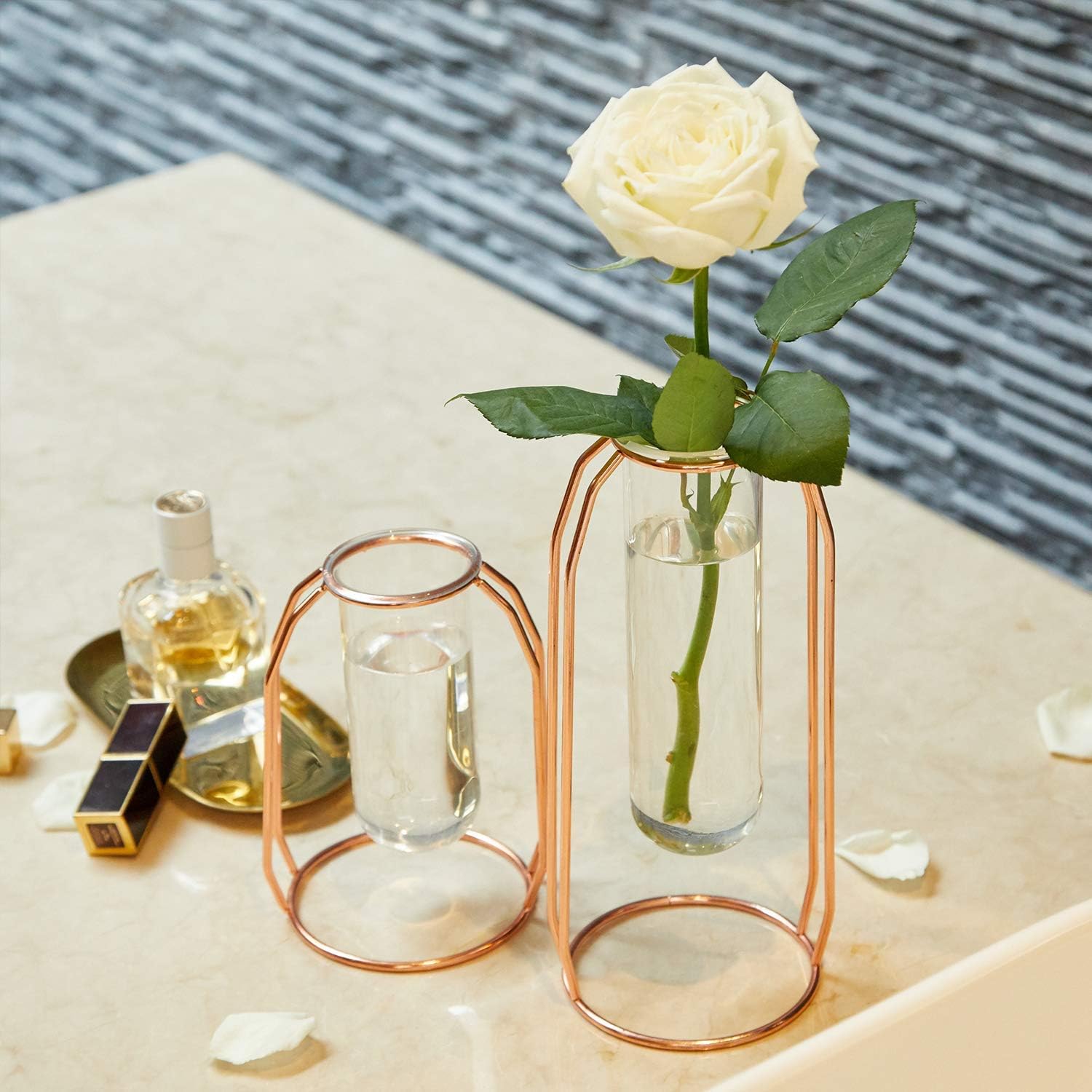 PuTwo Vases Set of 2 Metal Flower Vase Glass Vase Planter Terrariums Gold Vases Rose Gold Vase Plant Vase Glass Vases Cylinder Vase Vases for Decor Clear Vase Decorations for Living Room - Rose Gold : Garden & Outdoor
