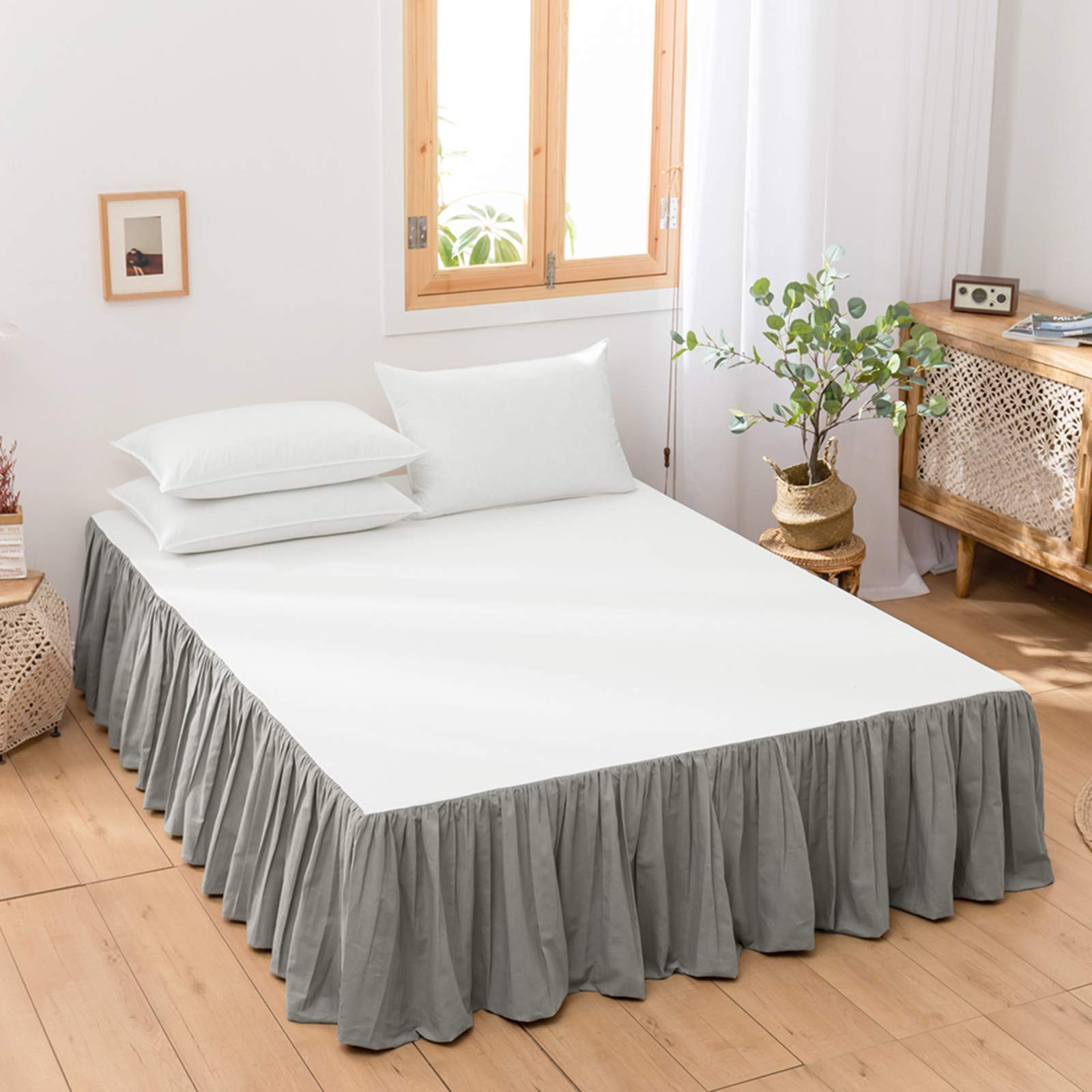 BISELINA French Linen Bed Skirt with Pleated Frills 14-Inch Tailored Drop Natural Flax Cotton Blend Dust Ruffle Soft Cozy Farmhouse Bedding (14" Queen, Grey) Image