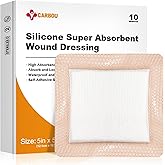 Carbou Silicone Super Absorbent Wound Dressing 5"x 5", 10 Individual Pack, Self-Adhesive Waterproof Bandage, Soft Highly Absorbent Dressing for Wound Care, Burns, Bedsores, Traumas & Surgical Wounds