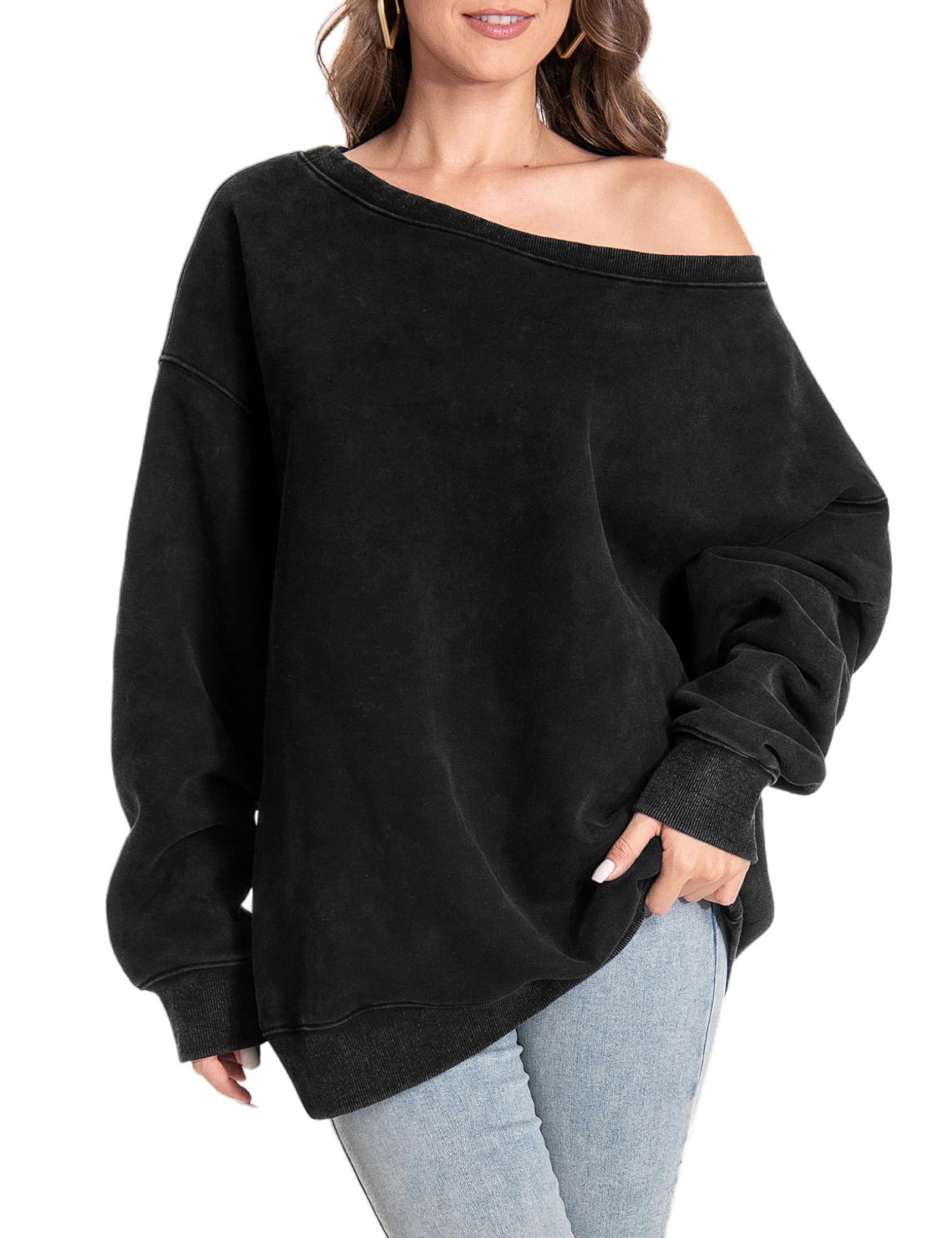 Photo 1 of Hatant Womens Off the Shoulder Oversized Sweatshirts One Shoulder Sweatshirts for Women Off Shoulder Tops Y2K Oversized Hoodies Pullover Sweater Spring Outfits 2025 Black-S