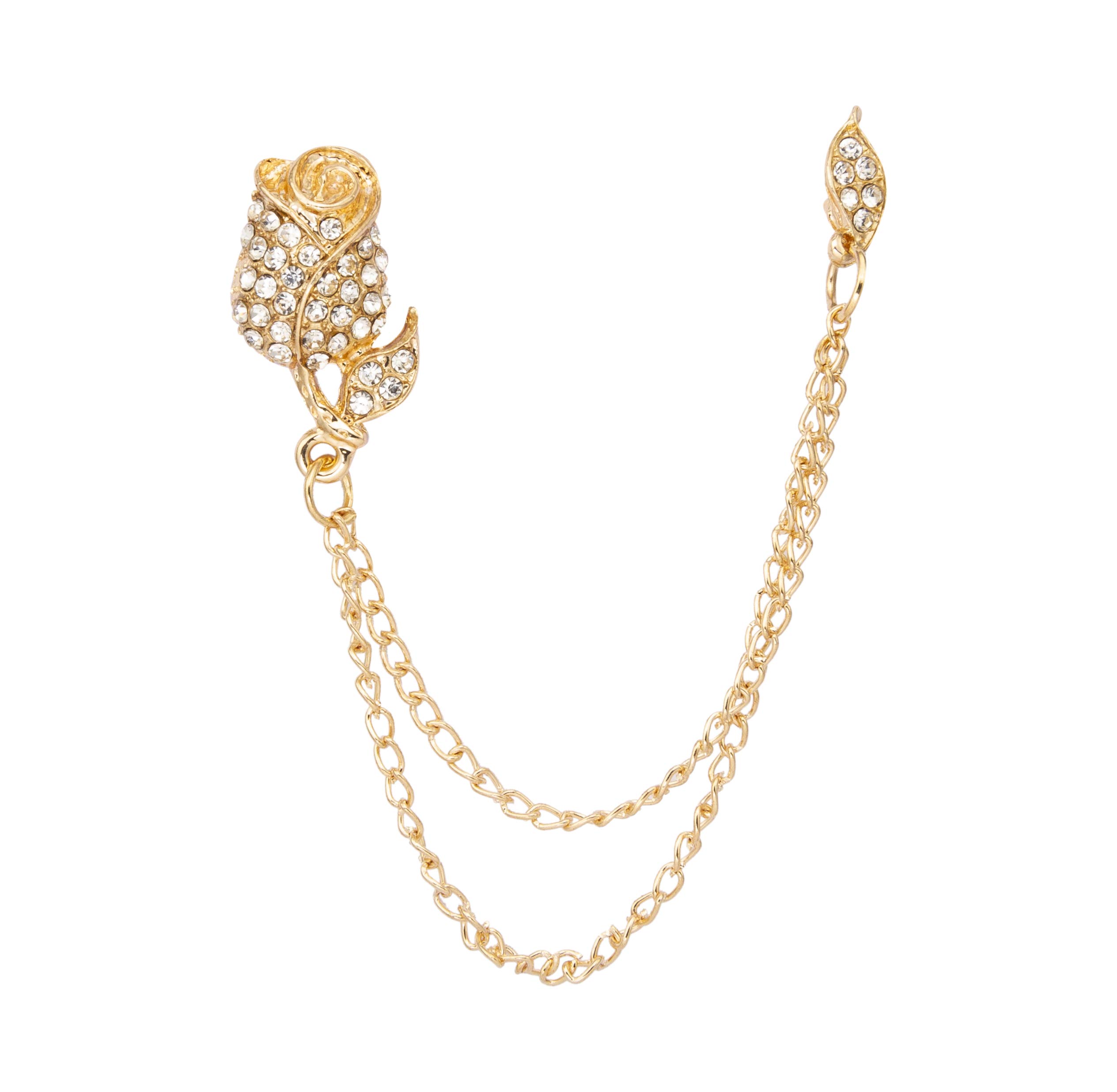 Knighthood Metalic Rose with Crystal Leaf and Hanging Chain Lapel Pin Badge Coat Suit Wedding Gift Party Shirt Collar Accessories Brooch for Men