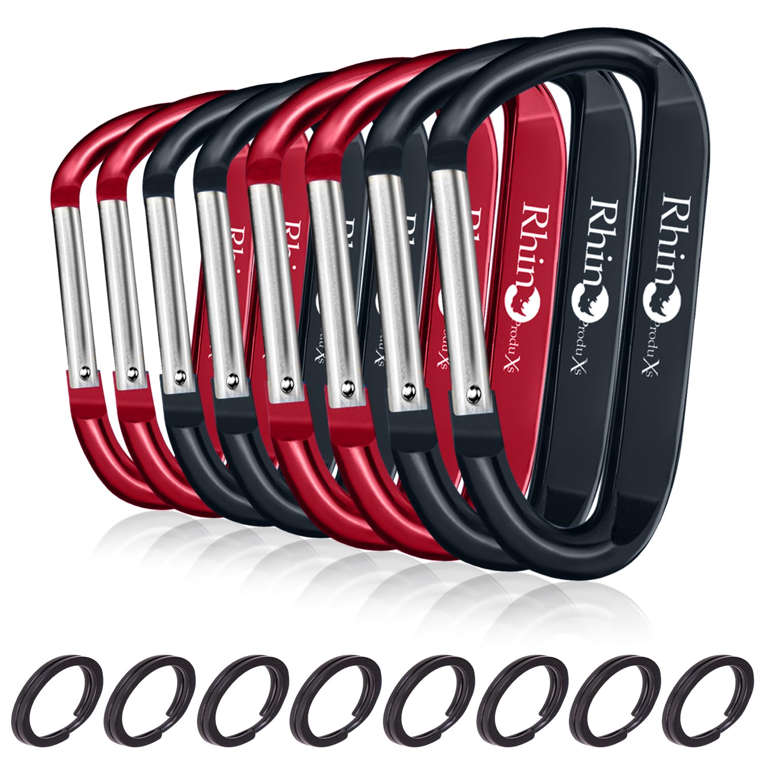 Rhino Produxs Lightweight duty Snap Carabiner Clips with Keyrings, D Ring Shape Carabiner with Keyrings - Excellent for Outdoor, Camping, Hiking, Keychains, Water Bottle, Keychain Hook