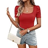 ZESICA Women's Square Neck Puff Sleeve Tops 2026 Summer Ribbed Fitted Casual Work Business Basic T Shirts