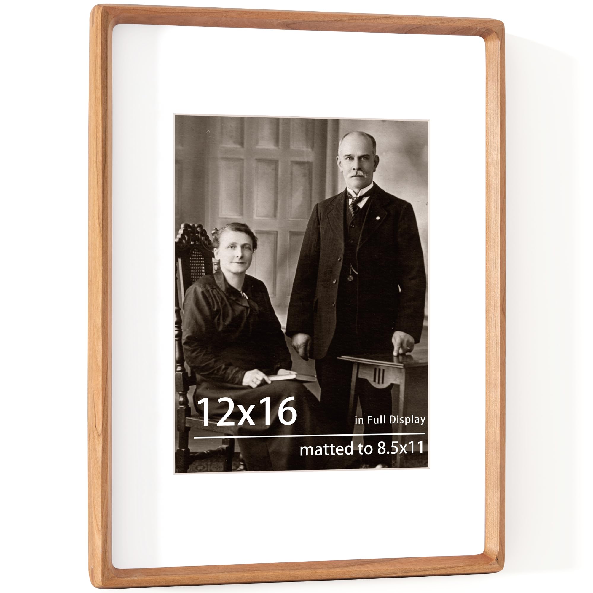 Photo 1 of 12x16 Picture Frame USA-Sourced Natural Cherry Wood Solid Original Wood Photo Frame Rounded Corner with Mat to 8.5x11 Picture Display with Real Glass Family, Wedding Picture, Photo, Certificate