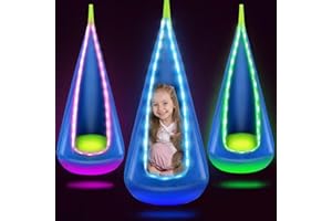 Bghdas Light Up Kids Pod Swing Seat, Hanging Hammock Chair with LED Lights, Upgraded Cotton Child Sensory Swing Seat, Sensory Swing for Autistic Kids Indoor & Outdoor Play (Blue)