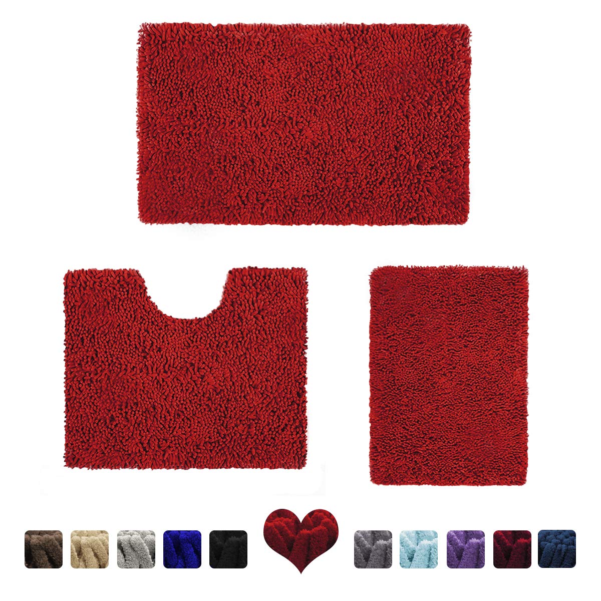 HOMEIDEAS 3 Pieces Bathroom Rugs Set Red, Soft Chenille Bath Mats Set
