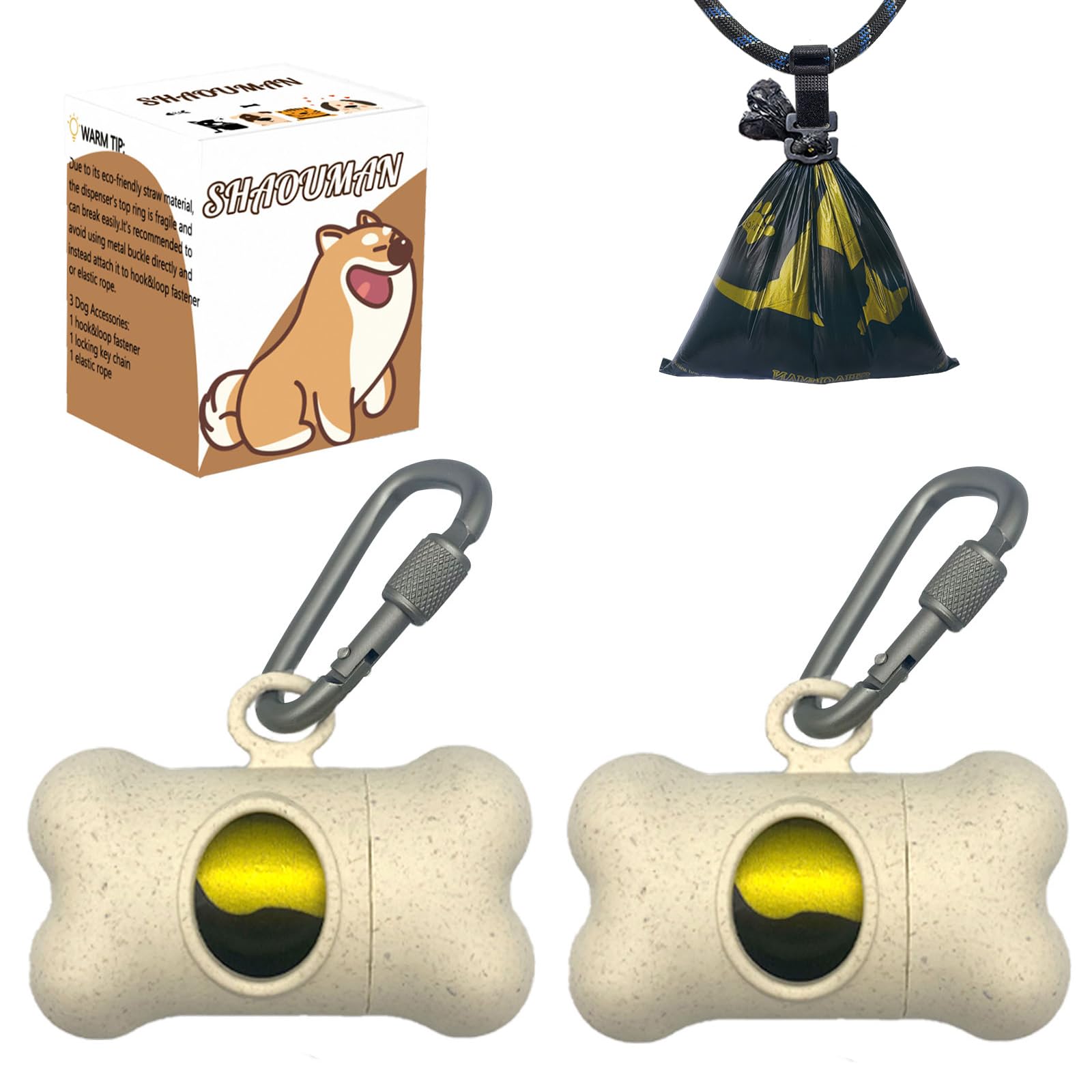 SHAOUMAN Bone Shaped Garbage Bag Dispenser Dog Poop Bags Holder Dog Waste Bags Dispenser with for Leash On The Go for Walking Dogs Outdoor(2 Holders 30 Bags，Beige) — image 1