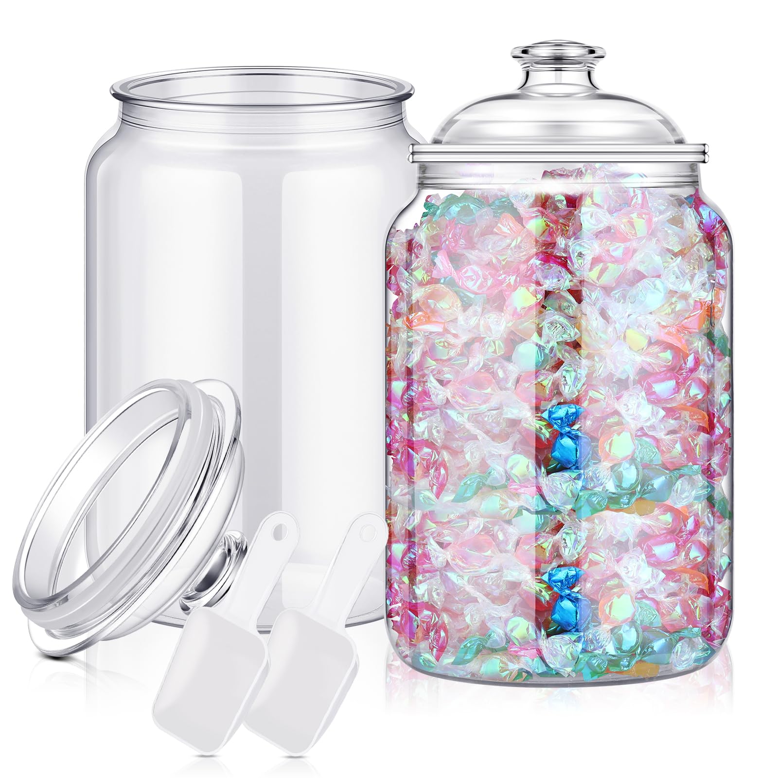 Photo 1 of 2 Pc Candy Jar with Lids 1 Gallon Large Candy Containers with Spoon Clear Plastic Cookie Dispenser Airtight Apothecary Storage Organization Snack Buffet Bar Dish for Wedding Home Classroom Decoration