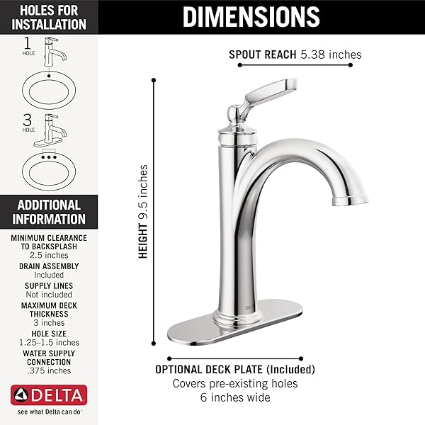 DELTA WOODHURST CHROME BATHROOM FAUCET 1 HOLE, SINGLE HOLE BATHROOM SINK FAUCET FOR VANITY, METAL PUSH-POP DRAIN ASSEMBLY, CHROME 532-MPU-DST