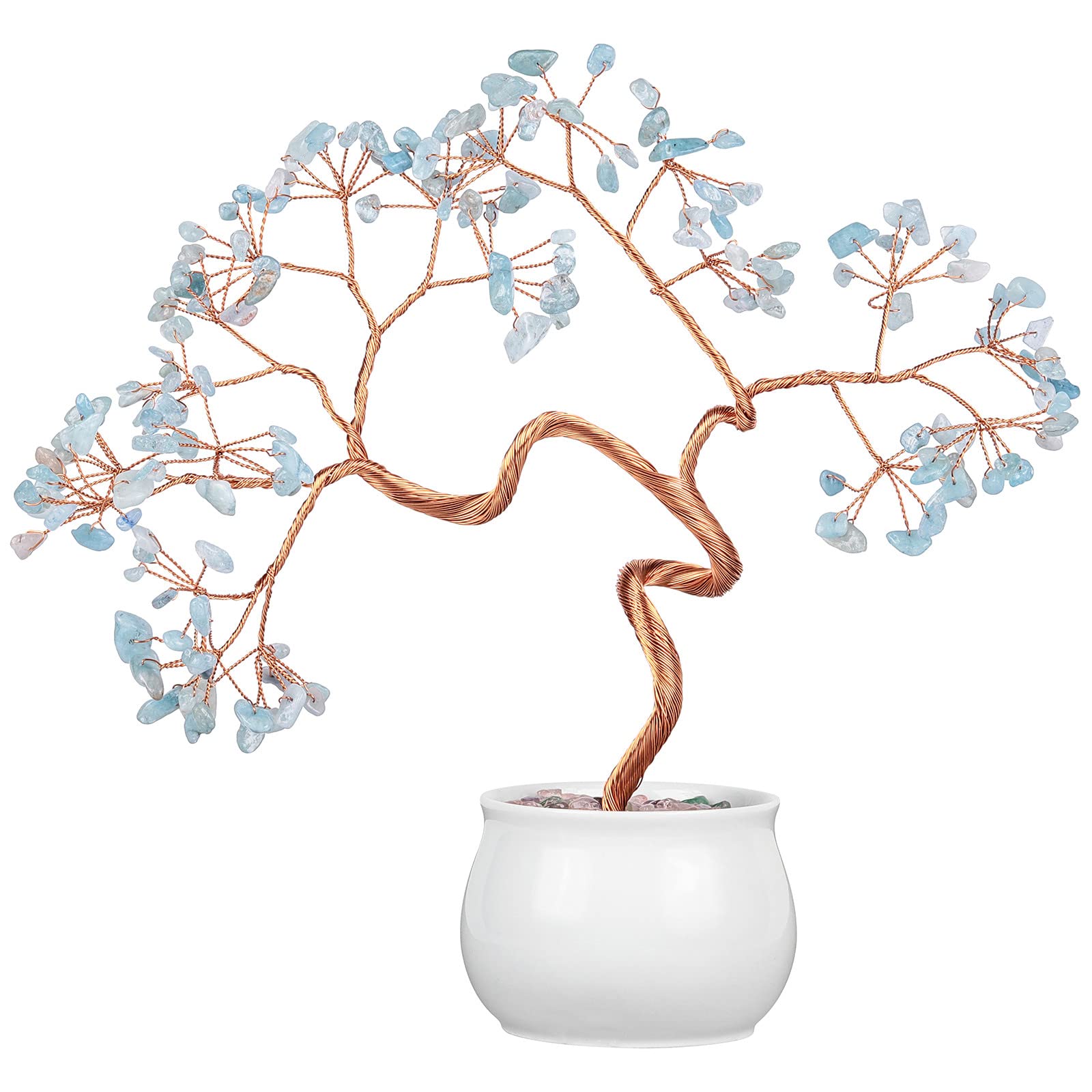 Nupuyai Aquamarine Crystal Money Tree with Ceramic Base, Good Luck Healing Stone Feng Shui Bonsai Gem Tree Spiritual Ornament for Home Office Decor, 20-24cm