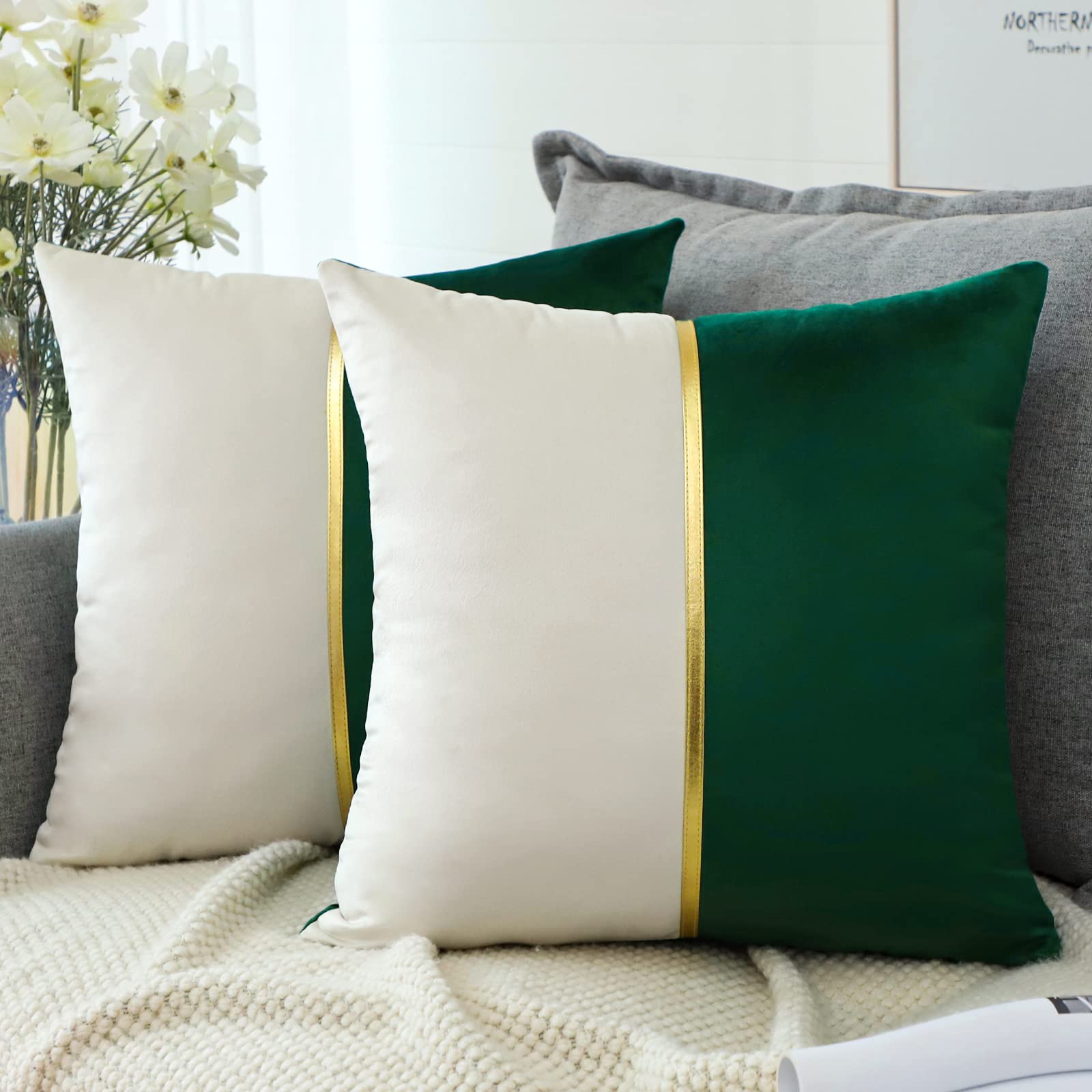 Artscope Green White Velvet Cushion Covers with Gold Leather Patchwork Luxury Modern Minimalist Square Pillowcase Throw Pillow Covers for Living Room Bed Couch Sofa 45x45cm Set of 2