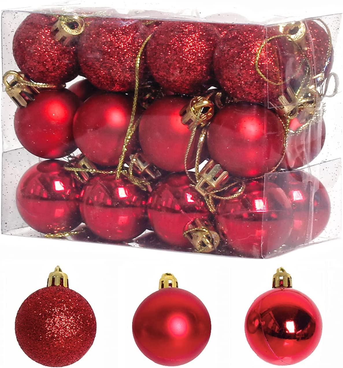 BSTMOME 24 PCS 3CM Christmas Balls, Party Ornaments, Shatterproof Ball Hanging for Xmas Tree Party Decoration Frosted Ball, Matte, Shiny (Red)