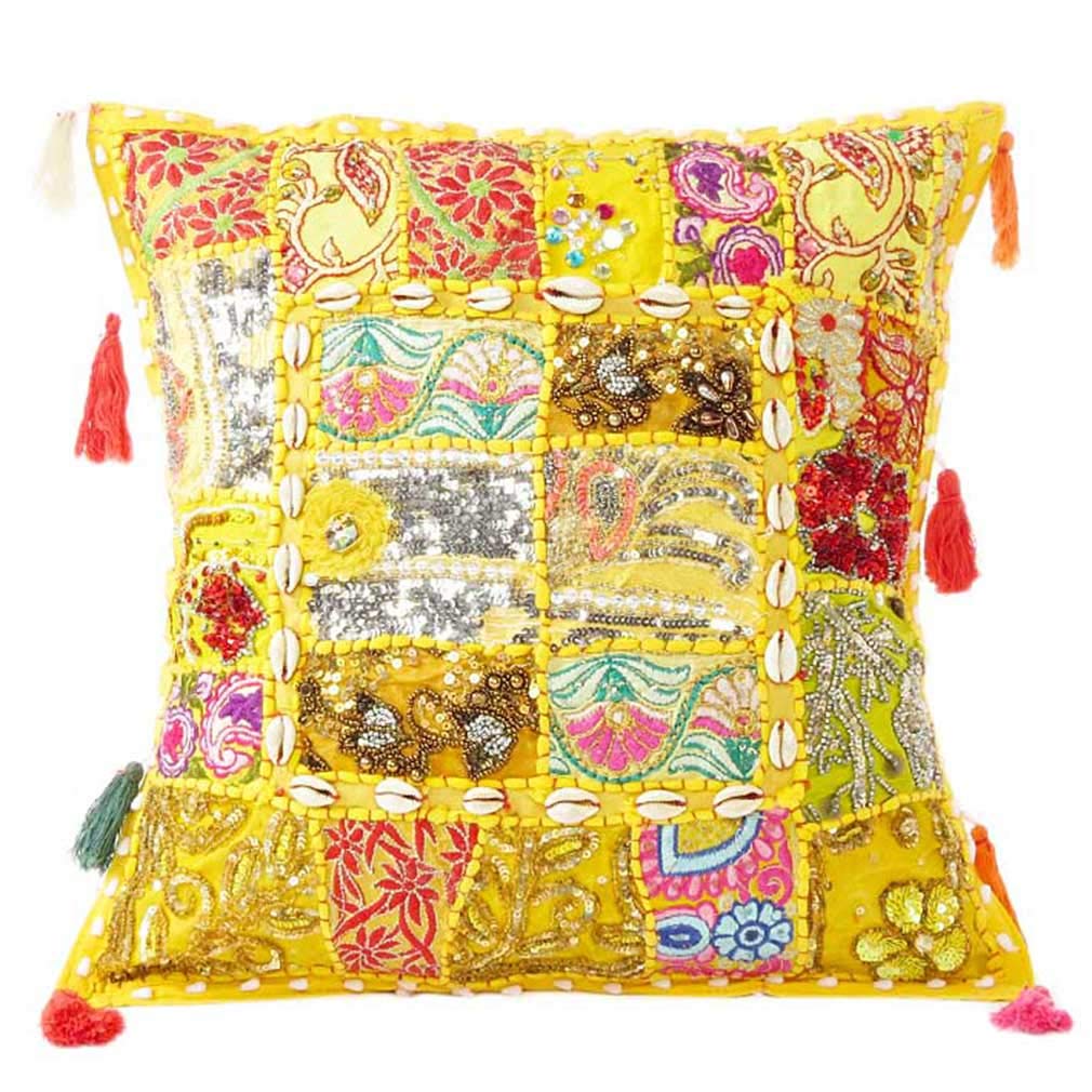 Eyes of India Decorative Patchwork Boho Throw Pillow Cover, Colorful Cushion Case for Sofa Couch, Bohemian Handmade Accent Bedroom Living Room, 24x24 inch (60x60 cm), Yellow — image 1