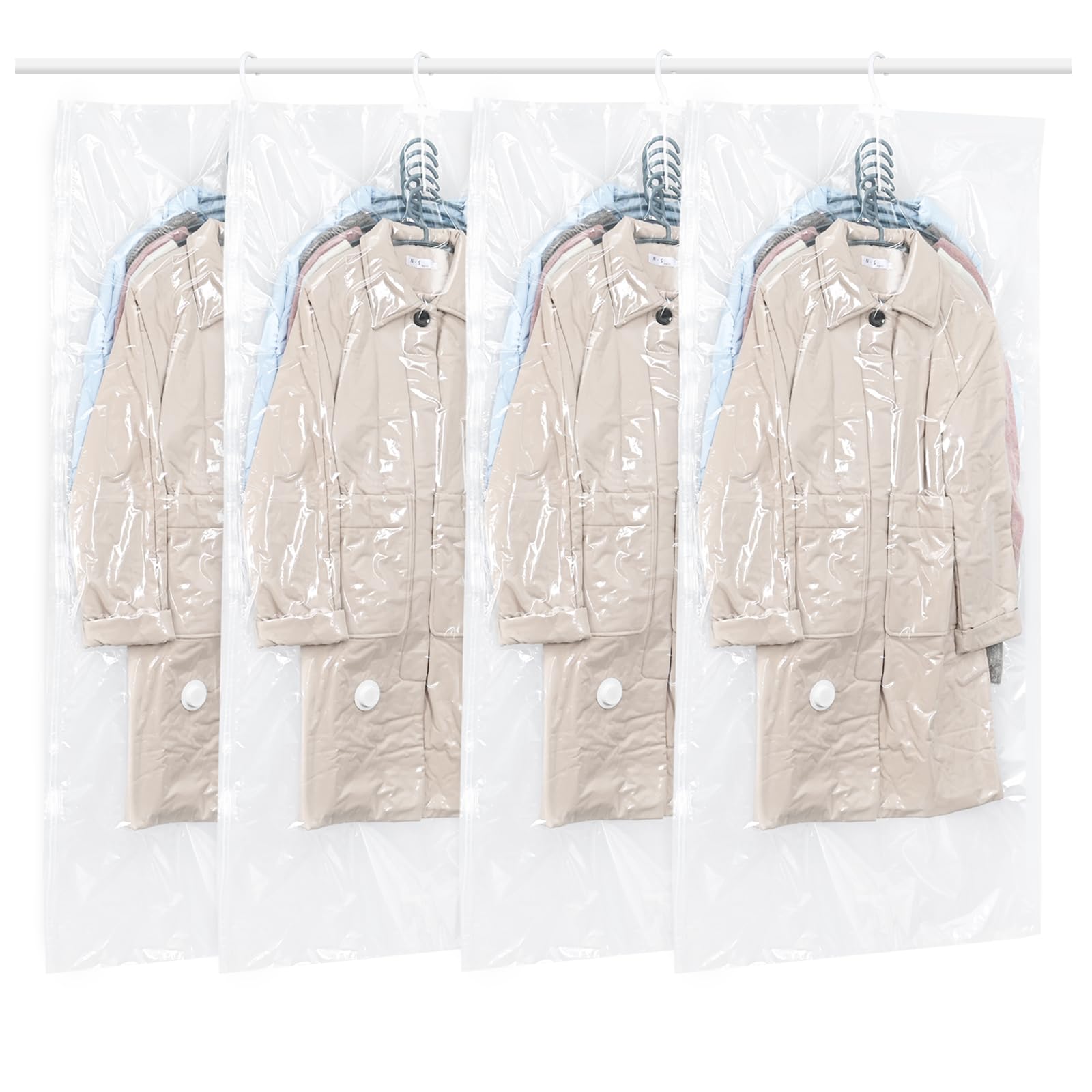 Hanging Vacuum Storage Bags, QH7 4 PCS Space-saving Vacuum Bag for Clothes, Suits, Dresses, Coats or Jackets, Clear & Reusable Closet Organizer with (4 Long 145x70cm)