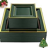 Liacere 100PCS Green and Gold Square Plastic Plates-50PCS Heavy Duty 9.5inch Disposable Dinner Plates and 50PCS 6inch Green Dessert Plate - Gold Plastic Plate for Party&Wedding&Christmas