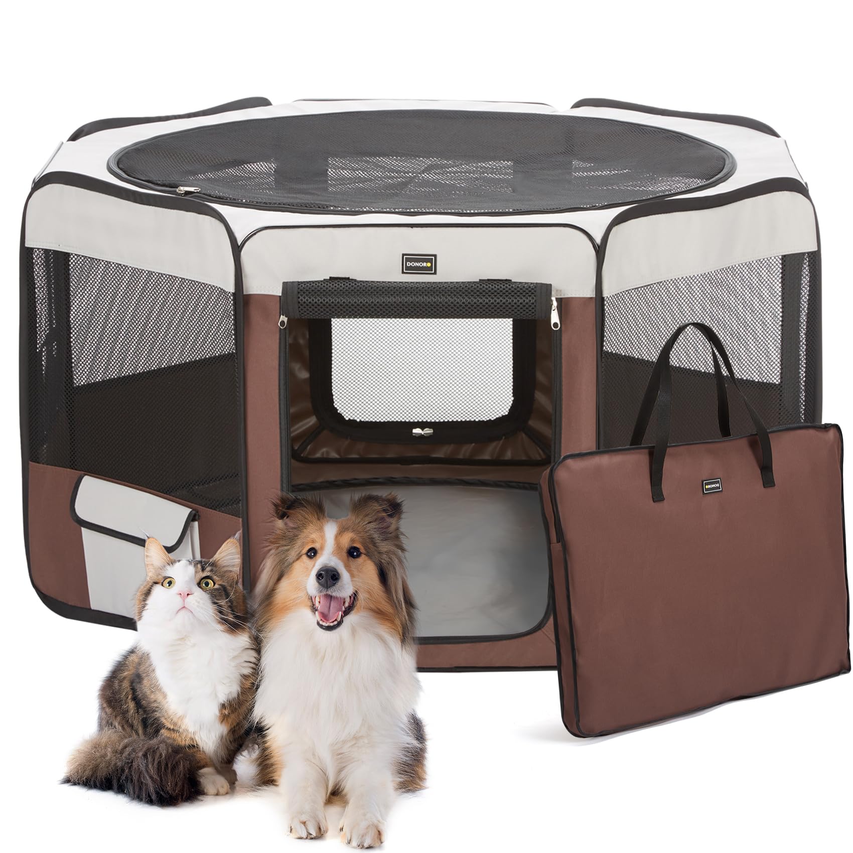 Photo 1 of DONORO Dog Playpen 46" Portable Pet Play Pens for Small Medium Dogs, Foldable Exercise Kennel Tent Crate Indoor/Outdoor Travel Camping, Removable Top/Bottom (Brown, Large (46"x46"x23"), 8)